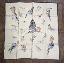 Load image into Gallery viewer, Hermes Silk Twill Scarf « Les Huppés » by Xavier de Poret.