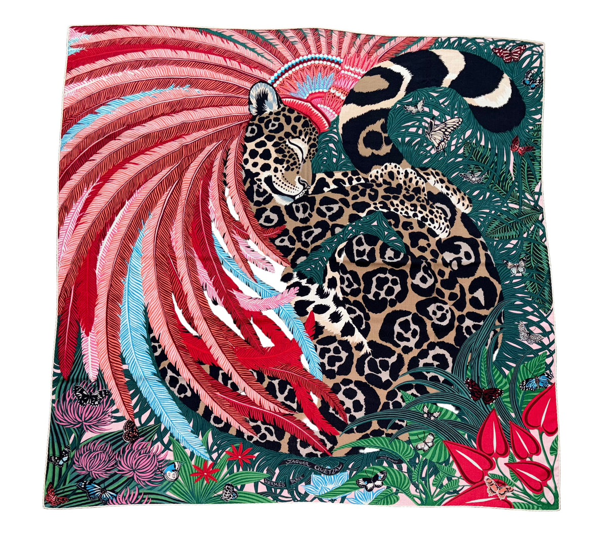 HERMES ジャガー 蝶　バタフライ　カレ90 JAGUAR QUETZAL NWT Hermes 100% Silk Carre 90 Twill Fuchsia Jaguar Quetzal Scarf