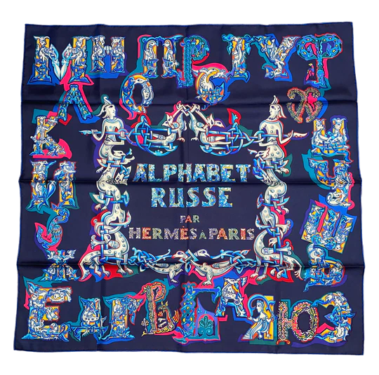 Hermes Silk Twill Scarf “Alphabet Russe