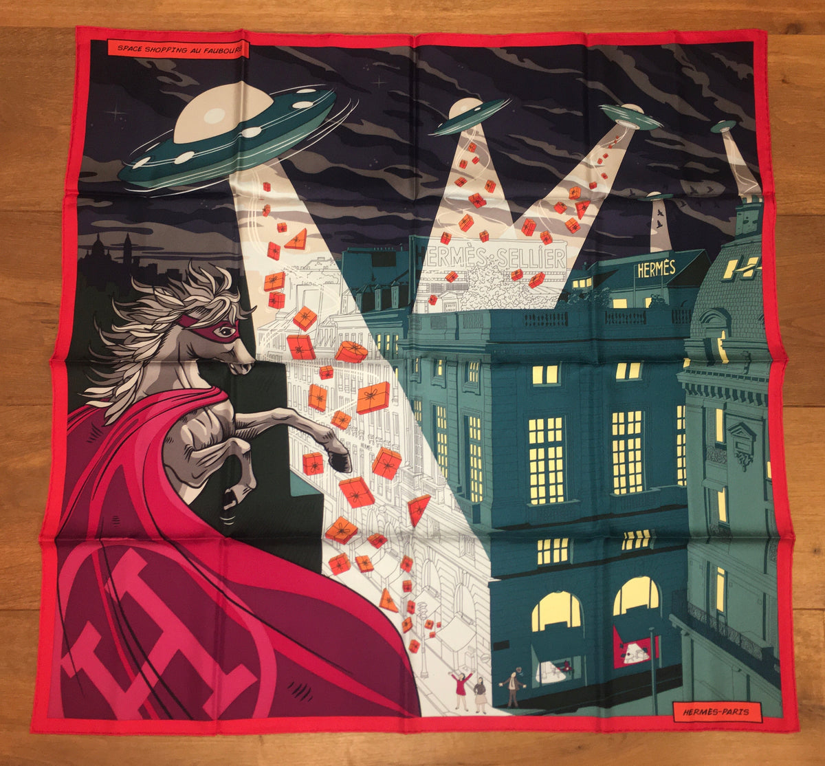 Hermes Silk Twill Scarf “Space Shopping Au Faubourg” by Dimitri Rybalt –  Hermes Emporium