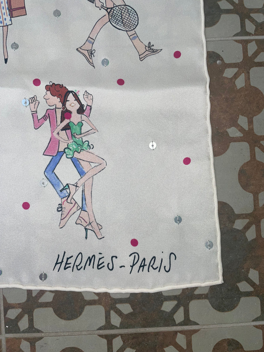 Hermes Beaded Vintage Silk Scarf “Les Parisiennes De Kiraz“ by