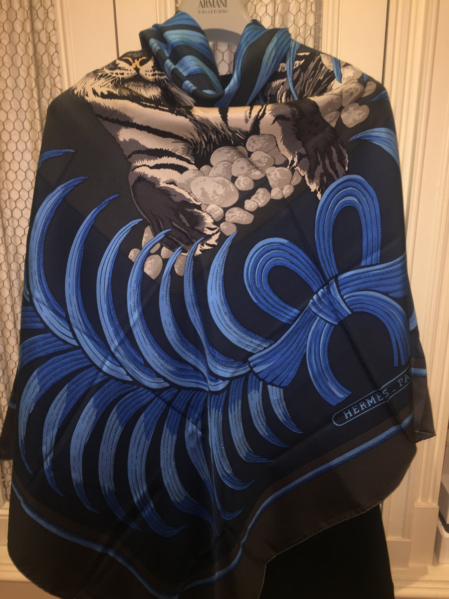 Hermes Silk Carre en Carre Tiger Horses Scarf Blue