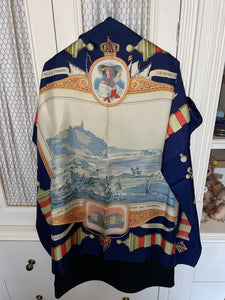 Hermes silk scarf "Rocher de la Vierge, Le Port, Vieux Villa Eugenia A Biarritz” by Hugo Grygkar.