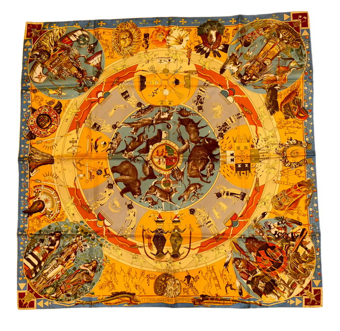 Hermes Silk Twill Scarf “Les Mythologies des Hommes Rouges” by Kermit Oliver.