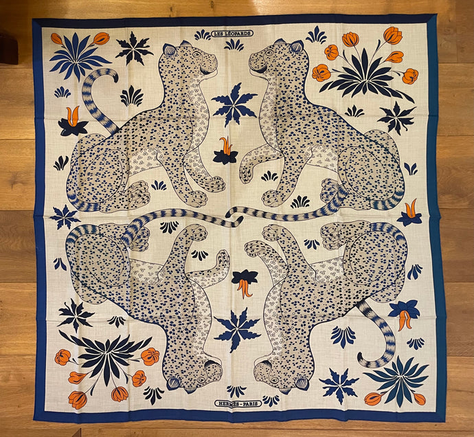 Hermes Cashmere and Silk GM Shawl «Les Leopards» by Christiane Vauzelles 140.