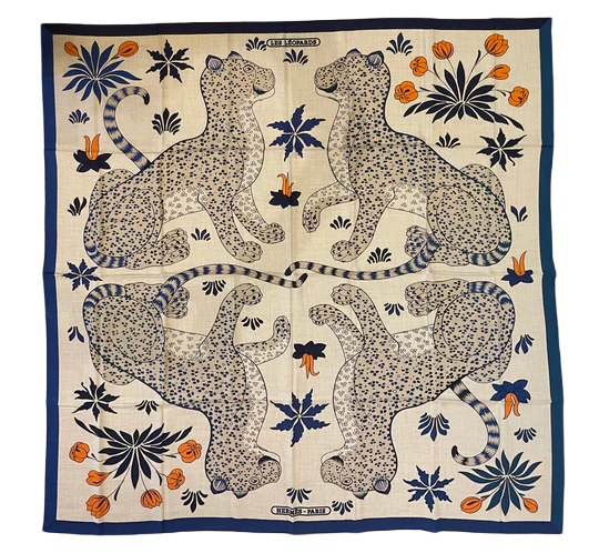 Hermes Cashmere and Silk GM Shawl «Les Leopards» by Christiane Vauzelles 140.