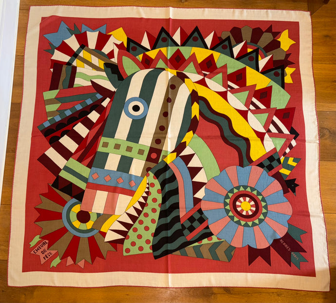 Hermes Cashmere/Silk GM Shawl “Cheval de Fete” by Jan Bajtlik 140.