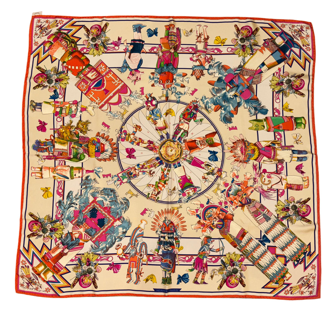 Hermes Washed Silk Scarf “Kachinas” by Kermit Oliver.