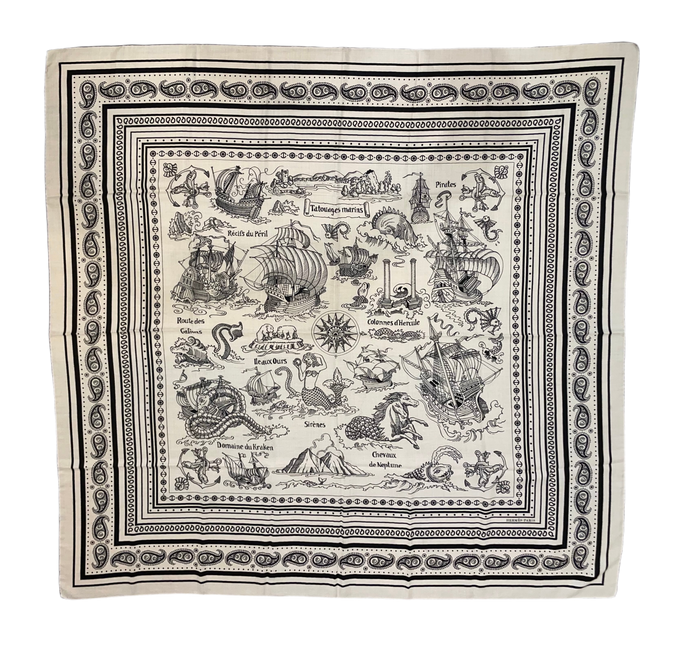 Hermes Cashmere and Silk GM Shawl “Tatouages Marins Bandana” by Sophie Koechlin 140.