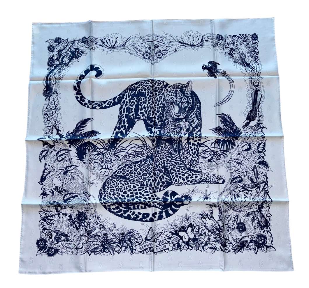 Hermes Silk Twill Jacquard Scarf “Tatouage Jungle Love” by Robert Dallet.