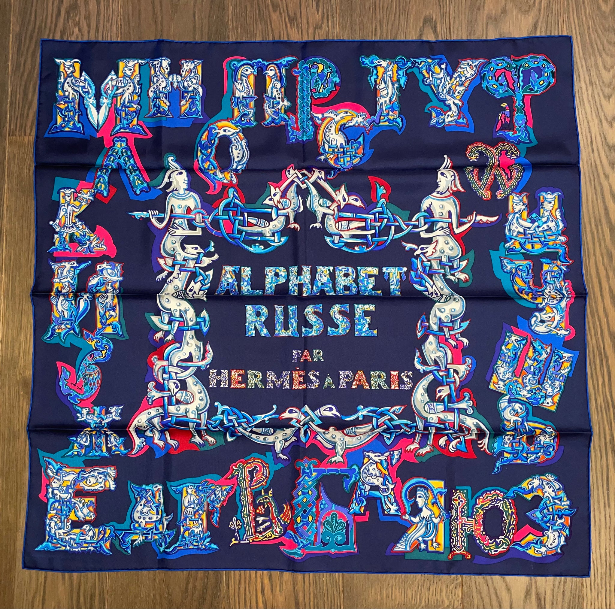 Hermes Silk Twill Scarf “Alphabet Russe Hermes Silk Twill Scarf “Alphabet Russe
