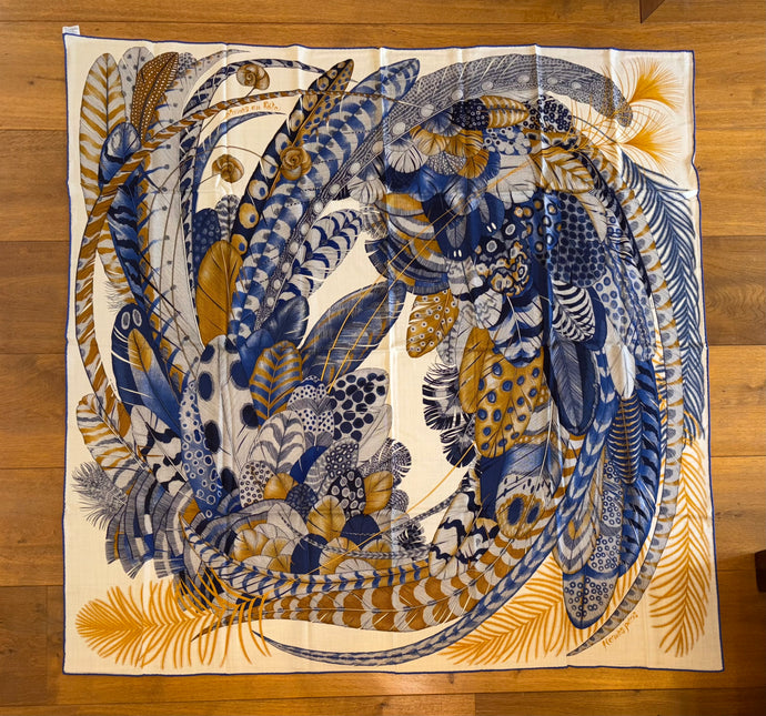 Hermes Cashmere and Silk GM Shawl « Plumes en Fete » by Aline Honoré 140