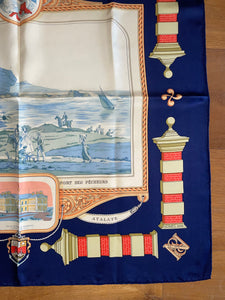 Hermes silk scarf "Rocher de la Vierge, Le Port, Vieux Villa Eugenia A Biarritz” by Hugo Grygkar.