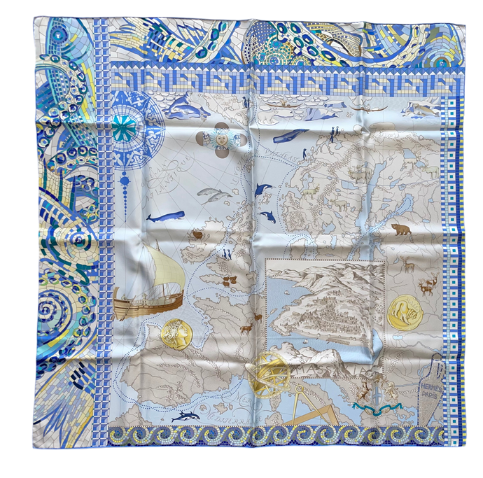 Limited edition Hermès Silk Scarf « Le Voyage De Pytheas » by Aline Honore