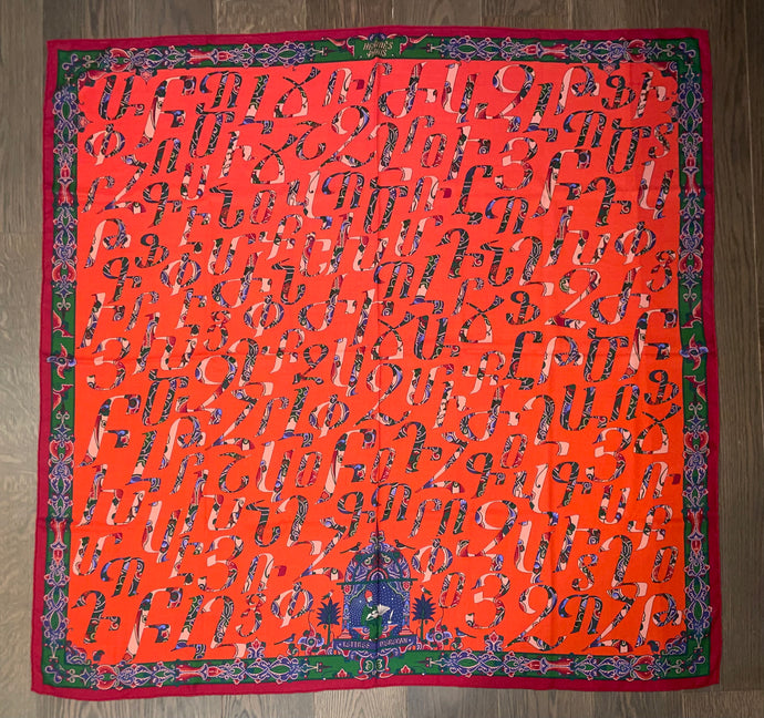 Beautiful Hermes Cashmere and Silk GM Shawl “Lettres d’Erevan” by Karen Petrossian 140.