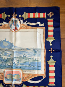 Hermes silk scarf "Rocher de la Vierge, Le Port, Vieux Villa Eugenia A Biarritz” by Hugo Grygkar.