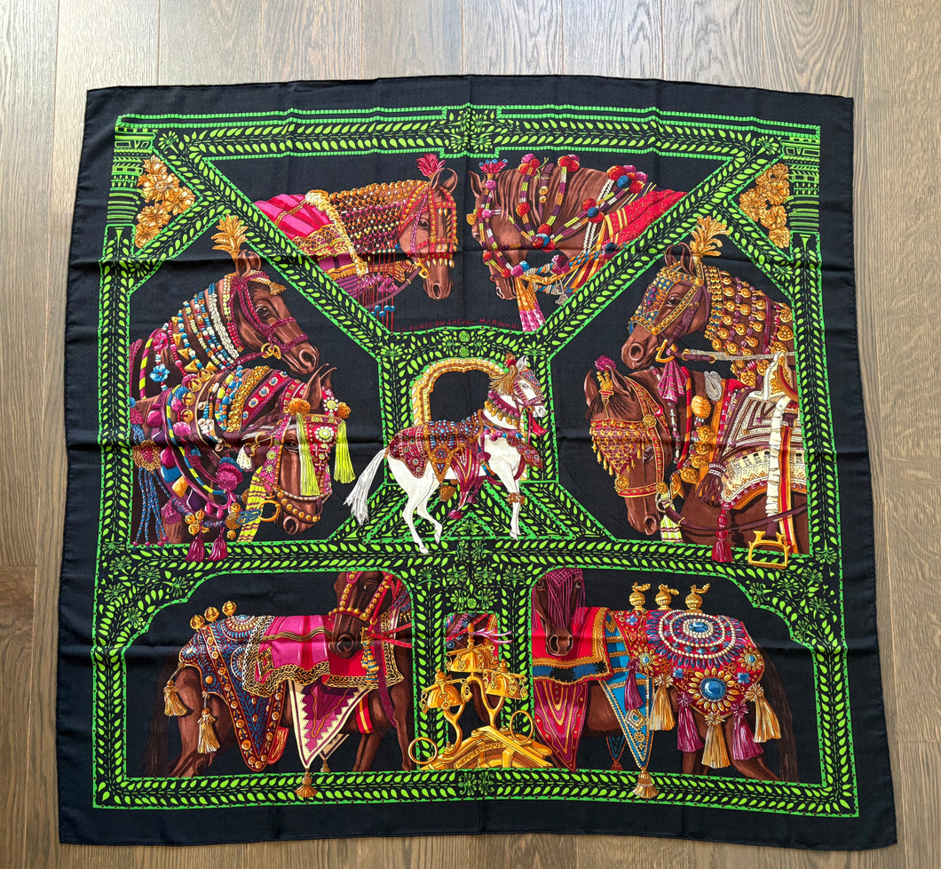 Hermes Cashmere/Silk GM Shawl “LA DANSE DU CHEVAL MARWARI” by Annie Faivre 140.