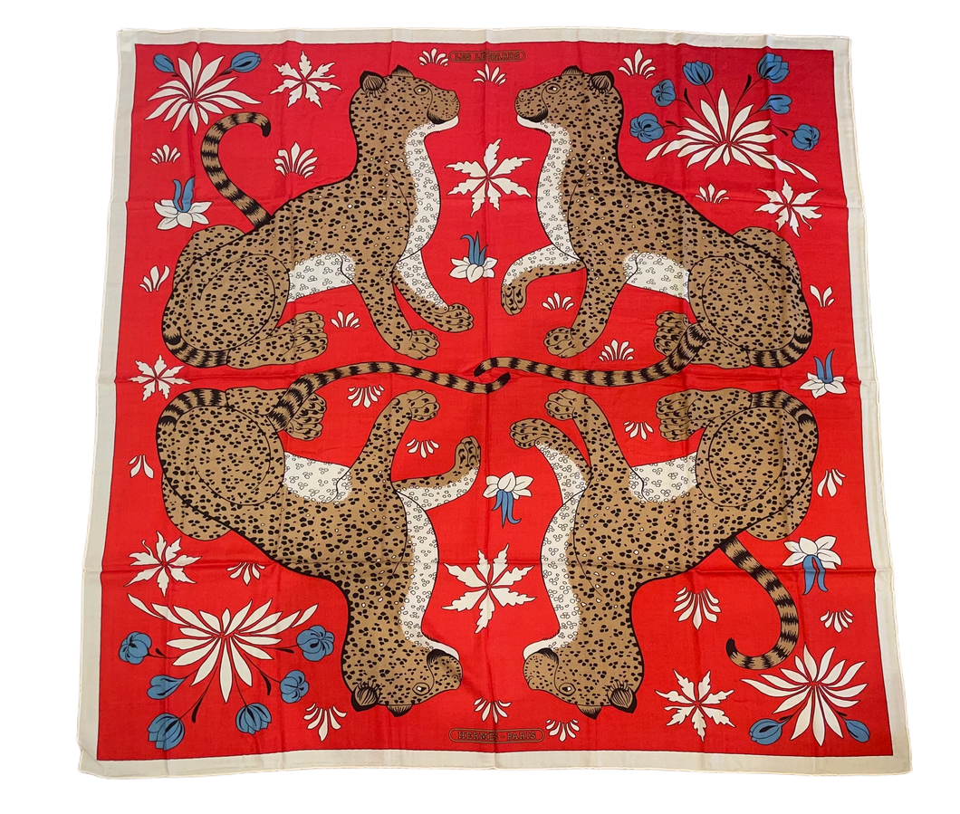 Hermes Cashmere and Silk GM Shawl «Les Leopards» by Christiane Vauzelles 140.