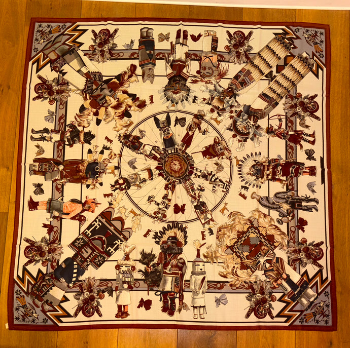 Hermes Cashmere and Silk GM Shawl “Kachinas” by Kermit Oliver 140.