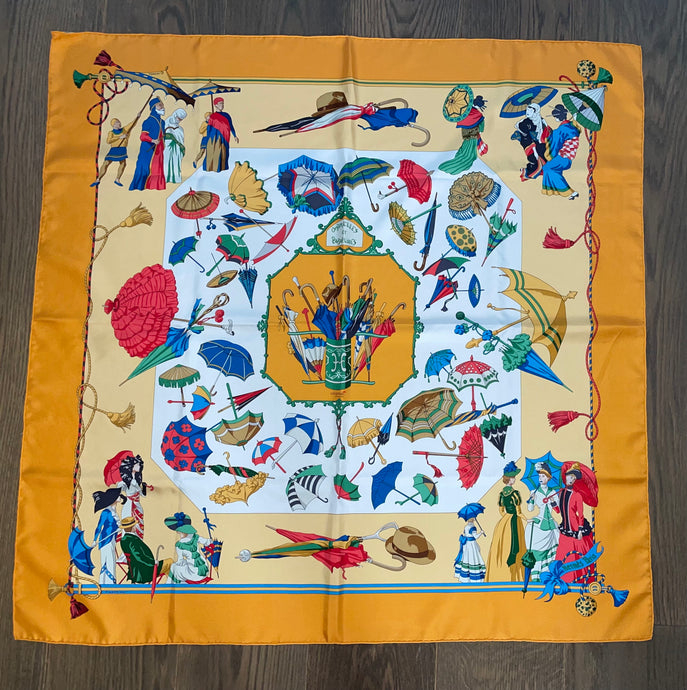 Limited edition Hermes Silk Twill Scarf “Ombrelles et Parapluies” for Citigroup Private Bank by Hubert de Watrigant.