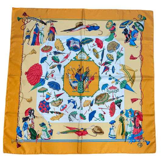 Limited edition Hermes Silk Twill Scarf “Ombrelles et Parapluies” for Citigroup Private Bank by Hubert de Watrigant.