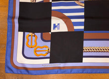 Load image into Gallery viewer, Limited Edition collaboration Comme des Garçons and HERMES 100% SILK TWILL Scarf “Coaching” by Rei Kawakubo and Julie Abadie.