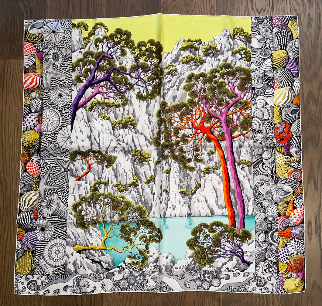 Hermes Silk Twill Scarf “Sieste Au Paradis”.
