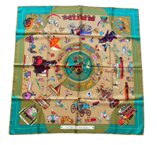 Load image into Gallery viewer, Hermes Silk Twill Scarf “Les Clefs du Notre Enfance” by Lois Dubigeon.