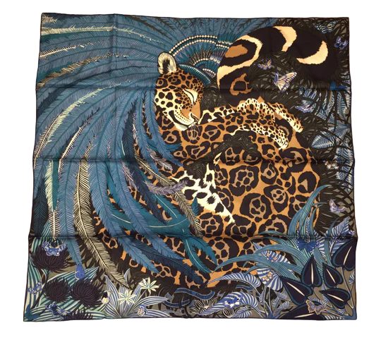 Hermes Silk Twill Scarf “Jaguar Quetzal” by Alice Shirley.