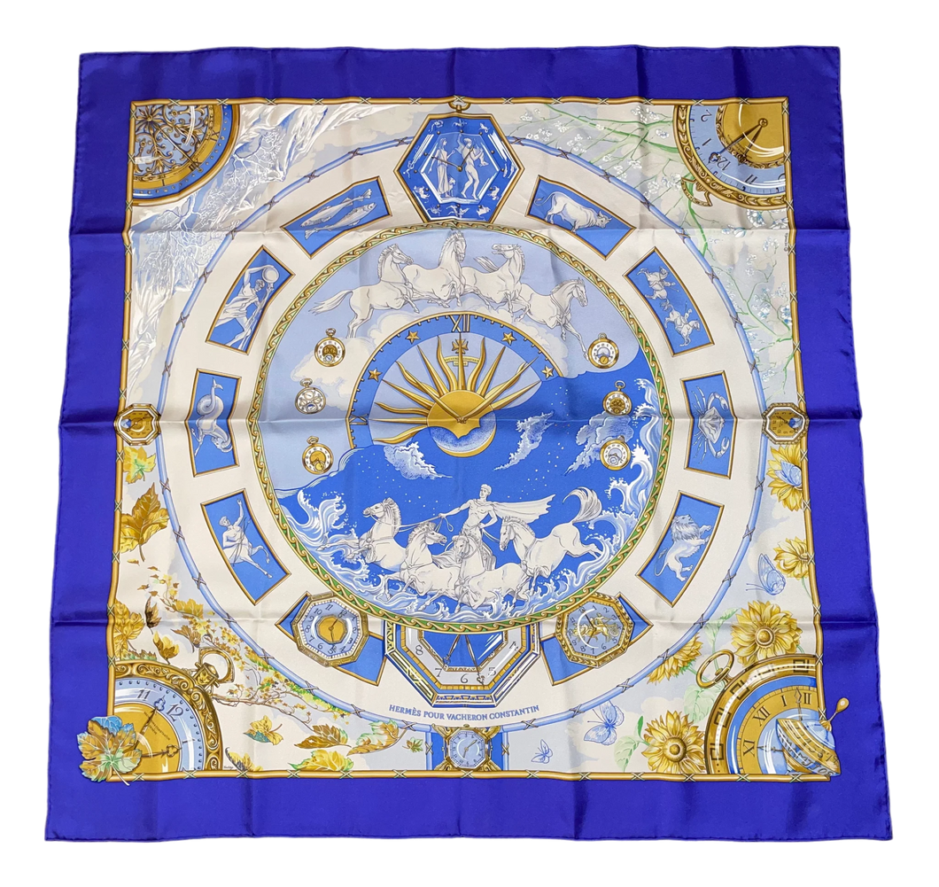 Special edition Hermès Silk Scarf « Chariot » for the occasion of 250th anniversary of the watchmaker Vacheron Constantin by Laurence Bourthoumieux (Toutsy).