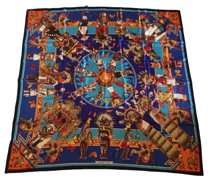 Hermes Silk Plume GM Shawl “Kachinas” by Kermit Oliver 140