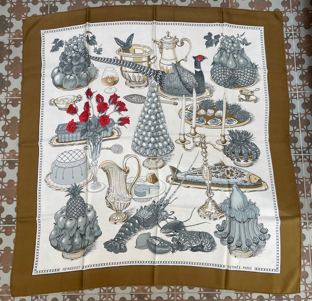 Hermes Silk Scarf “Gastronomie” for Hennessy by Christiane Vauzelles et Robert Dumas.