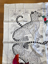 Load image into Gallery viewer, Precious Embroidered Hermes Silk Shawl “Les Leopards Oiseaux Fleuris” by Christiane Vauzelles 140