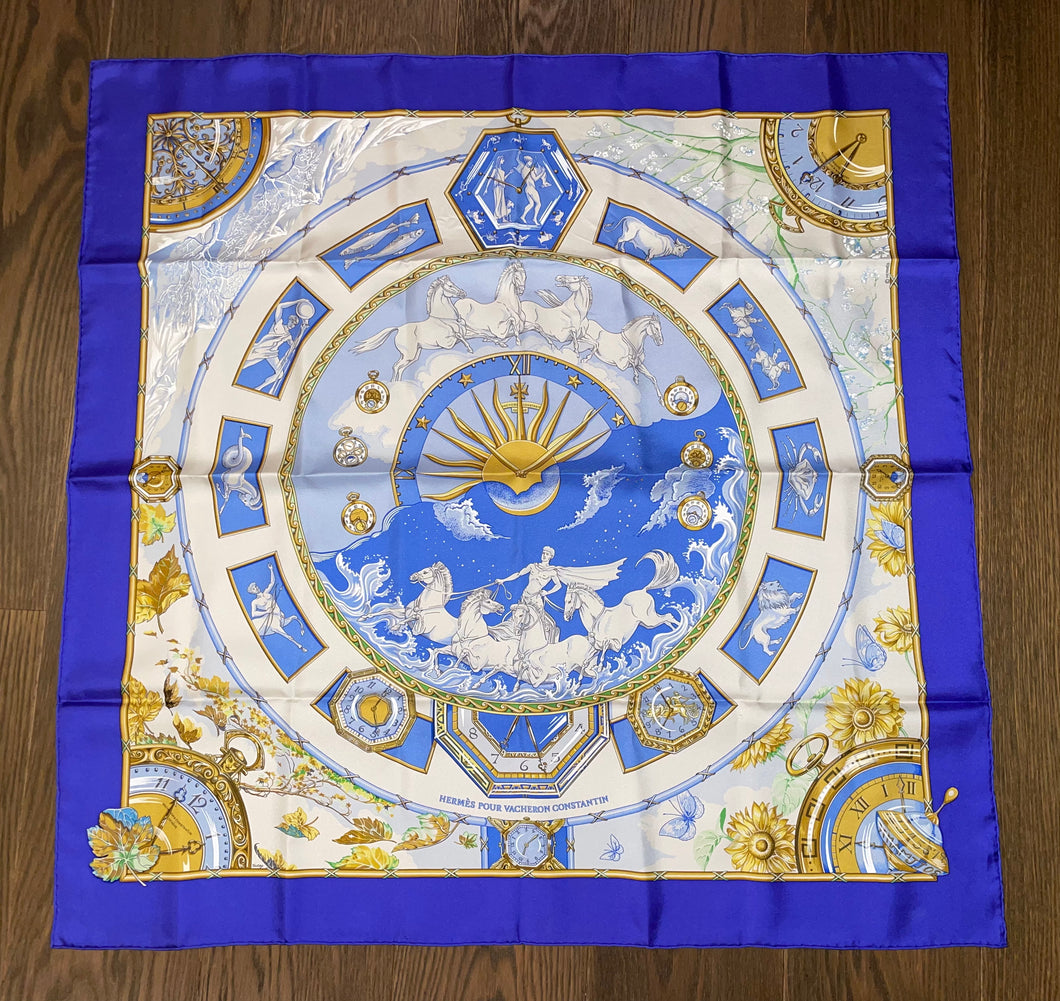 Special edition Hermès Silk Scarf « Chariot » for the occasion of 250th anniversary of the watchmaker Vacheron Constantin by Laurence Bourthoumieux (Toutsy).